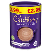 A 250g purple tub of Cadbury Hot Chocolate featuring a creamy drink in a mug on the label, priced at £2.99.